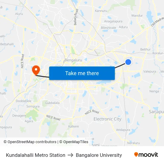 Kundalahalli Metro Station to Bangalore University map