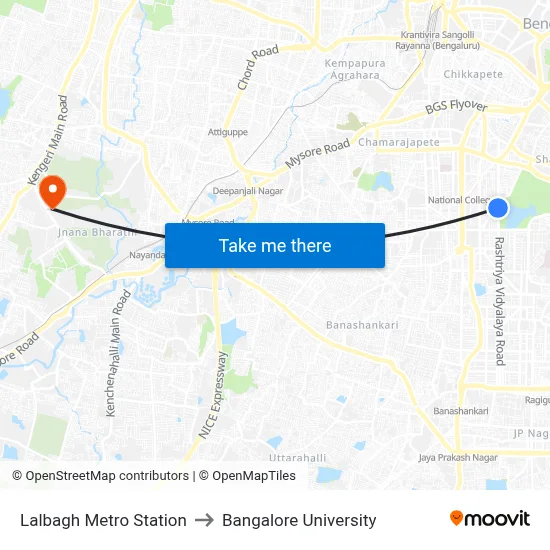 Lalbagh Metro Station to Bangalore University map