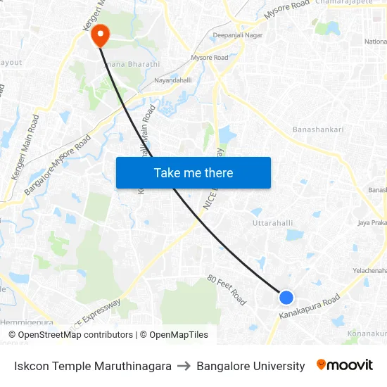 Iskcon Temple Maruthinagara to Bangalore University map