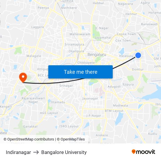 Indiranagar to Bangalore University map