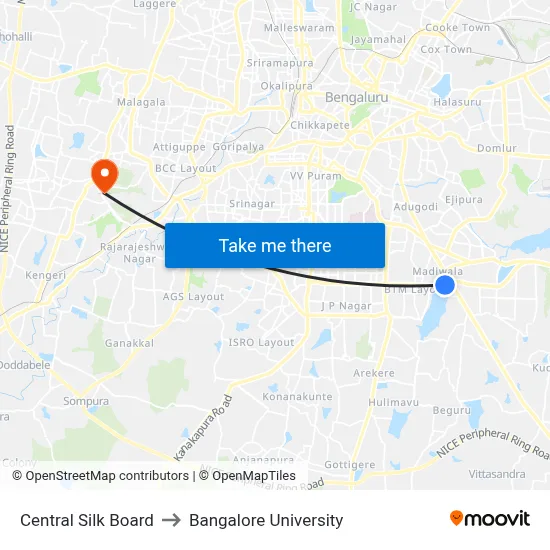 Central Silk Board to Bangalore University map