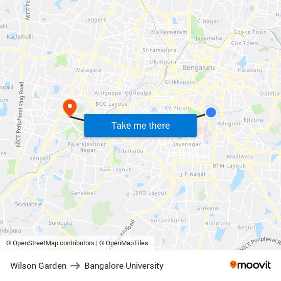 Wilson Garden to Bangalore University map