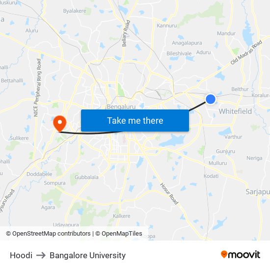 Hoodi to Bangalore University map