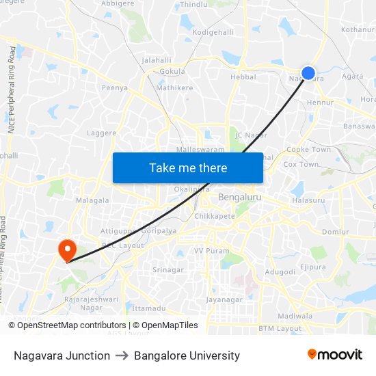 Nagavara Junction to Bangalore University map