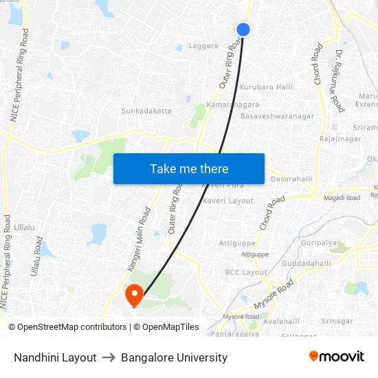 Nandhini Layout to Bangalore University map