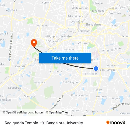Ragigudda Temple to Bangalore University map