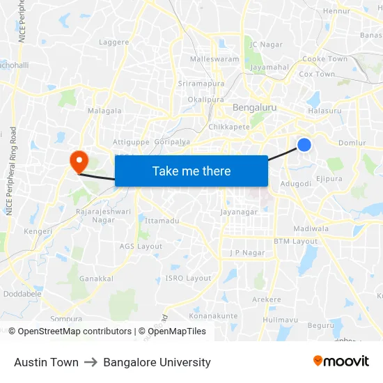 Austin Town to Bangalore University map