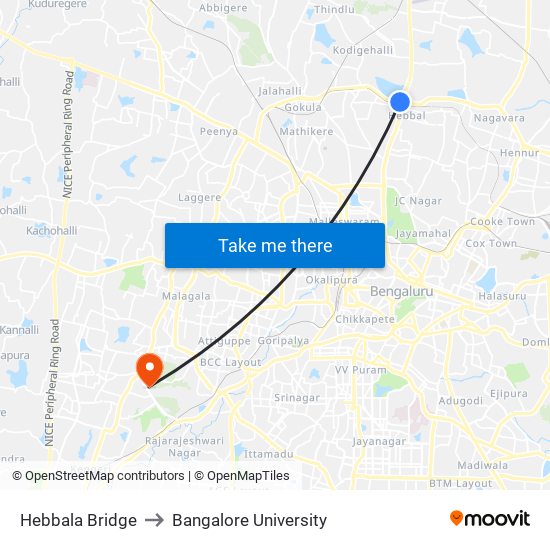 Hebbala Bridge to Bangalore University map