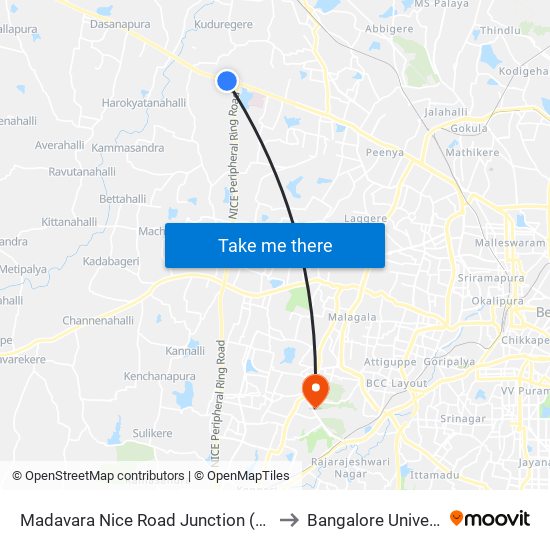 Madavara Nice Road Junction (B.I.E.C) to Bangalore University map