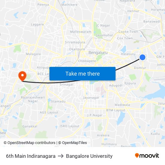 6th Main Indiranagara to Bangalore University map