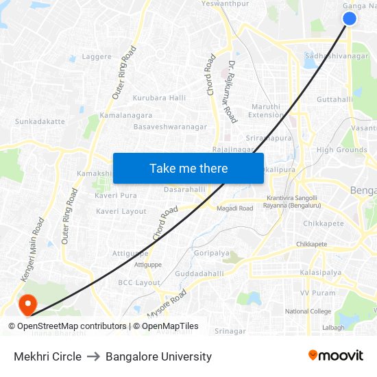 Mekhri Circle to Bangalore University map
