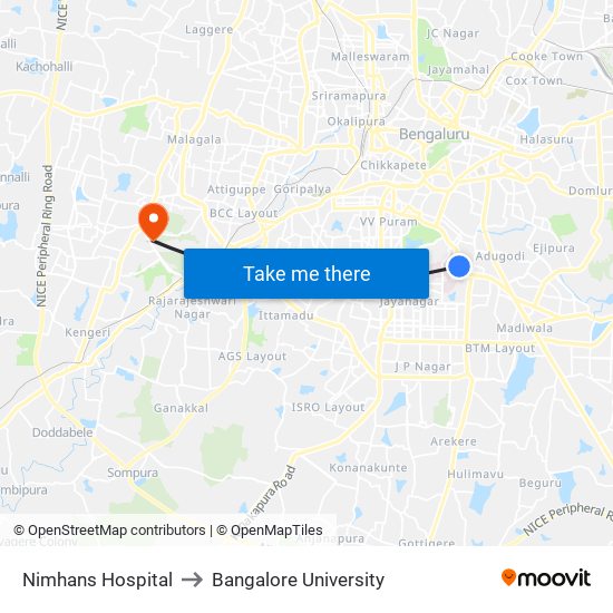 Nimhans Hospital to Bangalore University map