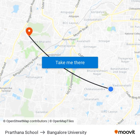 Prarthana School to Bangalore University map