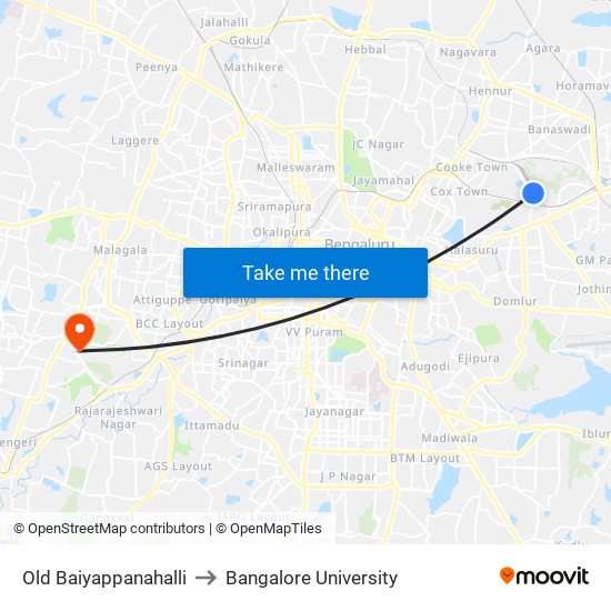 Old Baiyappanahalli to Bangalore University map