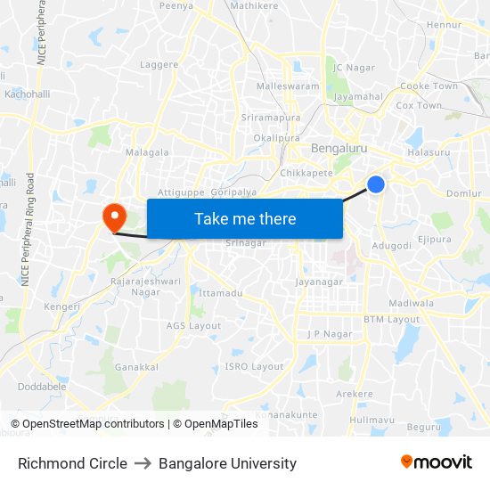 Richmond Circle to Bangalore University map