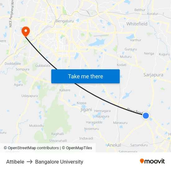 Attibele to Bangalore University map