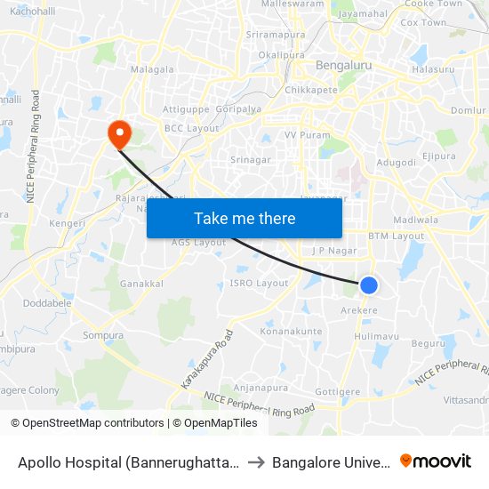 Apollo Hospital (Bannerughatta Road) to Bangalore University map