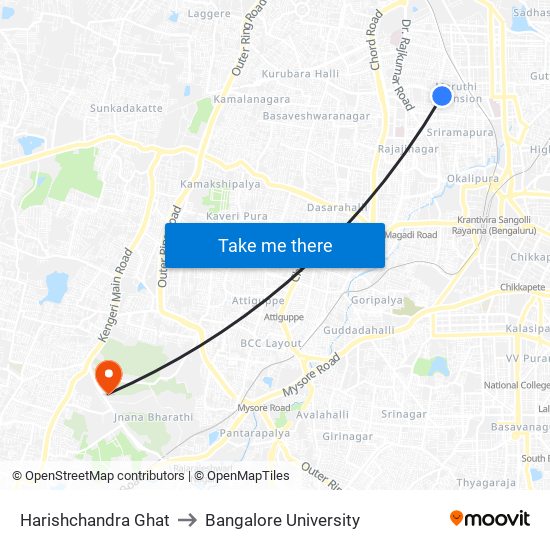 Harishchandra Ghat to Bangalore University map