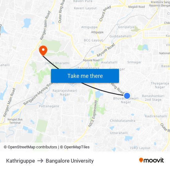 Kathriguppe to Bangalore University map