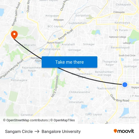 Sangam Circle to Bangalore University map