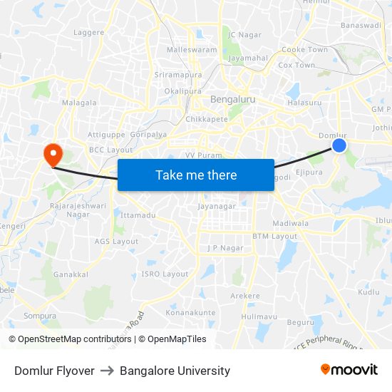 Domlur Flyover to Bangalore University map