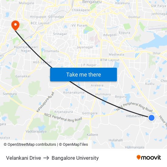 Velankani Drive to Bangalore University map