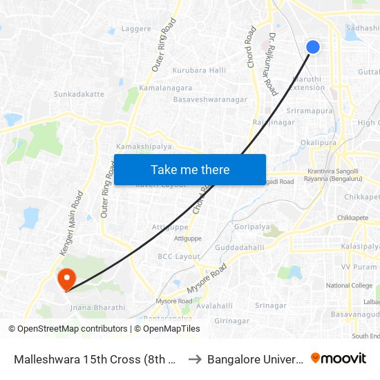 Malleshwara 15th Cross (8th Main) to Bangalore University map