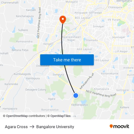 Agara Cross to Bangalore University map