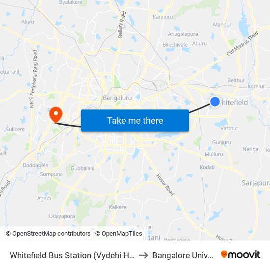 Whitefield Bus Station (Vydehi Hospital) to Bangalore University map