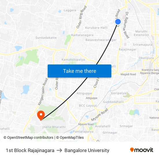 1st Block Rajajinagara to Bangalore University map