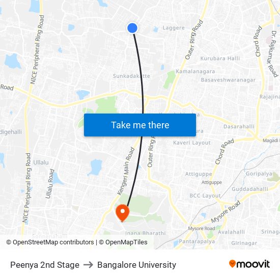 Peenya 2nd Stage to Bangalore University map