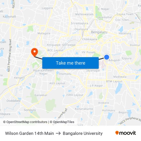 Wilson Garden 14th Main to Bangalore University map