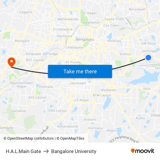 H.A.L.Main Gate to Bangalore University map