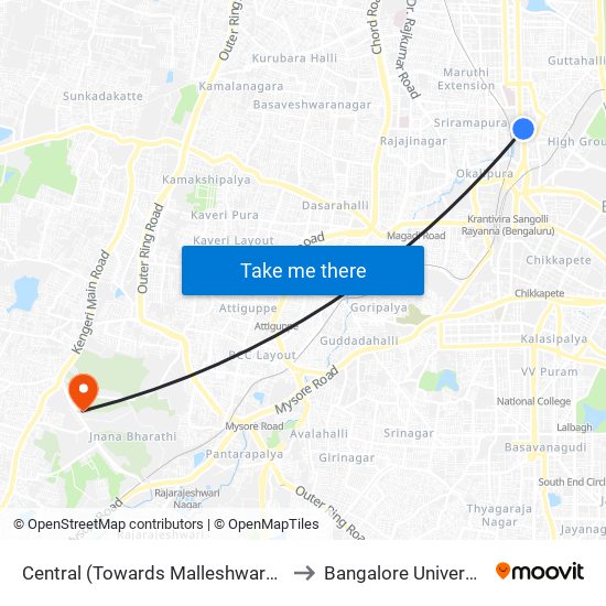 Central (Towards Malleshwaram) to Bangalore University map