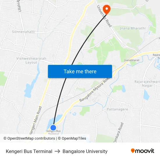 Kengeri Bus Terminal to Bangalore University map
