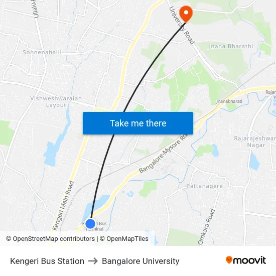 Kengeri Bus Station to Bangalore University map