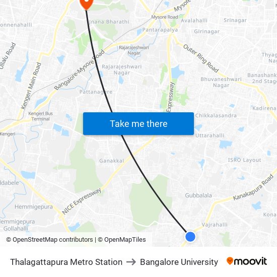 Thalagattapura Metro Station to Bangalore University map