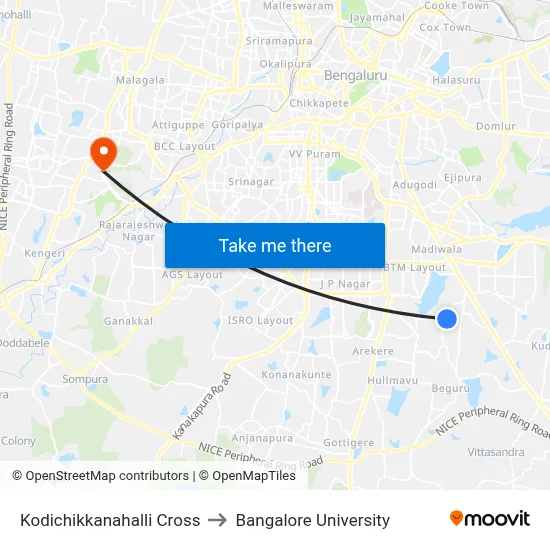 Kodichikkanahalli Cross to Bangalore University map