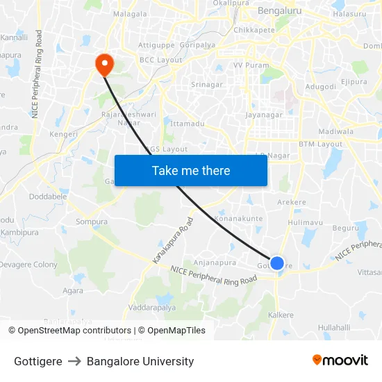 Gottigere to Bangalore University map