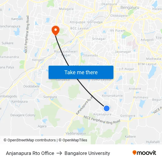 Anjanapura Rto Office to Bangalore University map