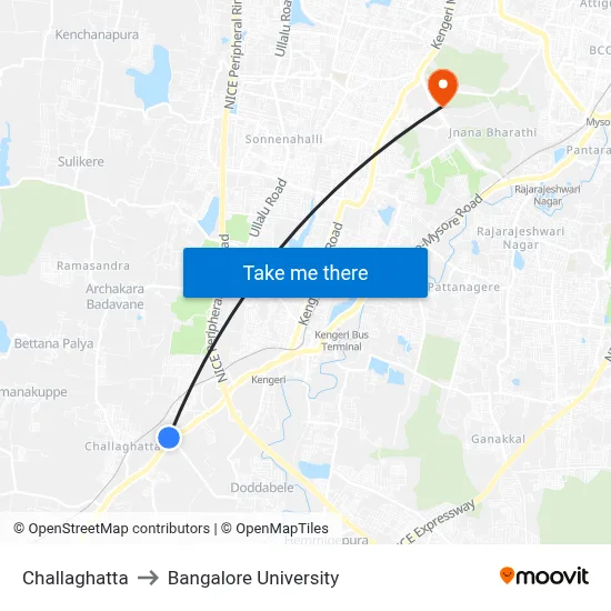 Challaghatta to Bangalore University map