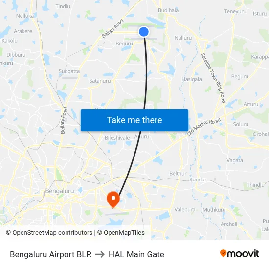 Bengaluru Airport BLR to HAL Main Gate map