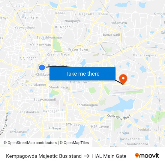 Kempagowda Majestic Bus stand to HAL Main Gate map