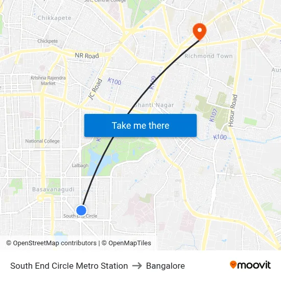 South End Circle Metro Station to Bangalore map