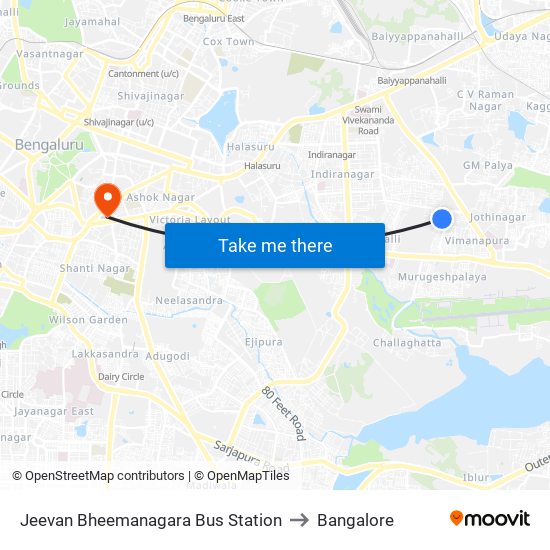Jeevan Bheemanagara Bus Station to Bangalore map