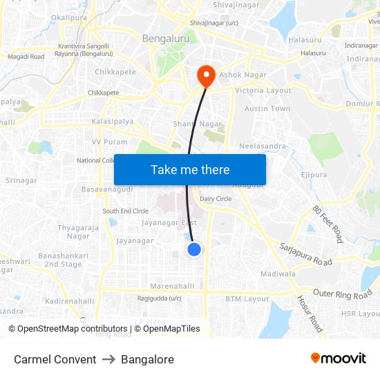 Carmel Convent to Bangalore map