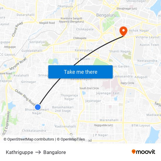 Kathriguppe to Bangalore map
