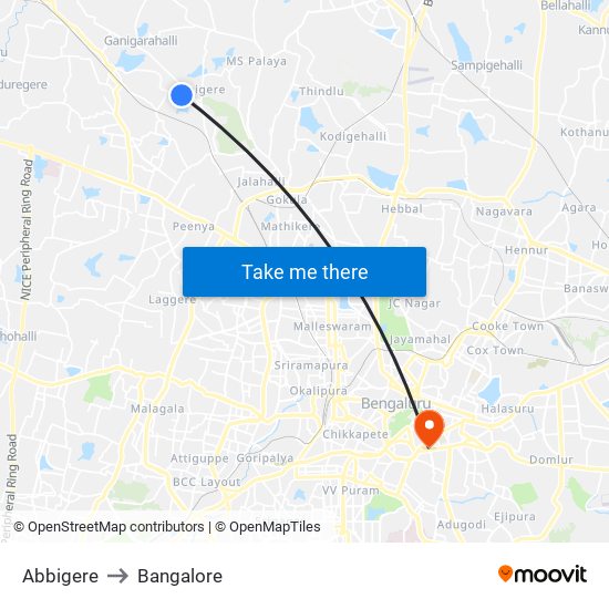 Abbigere to Bangalore map