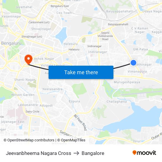 Jeevanbheema Nagara Cross to Bangalore map