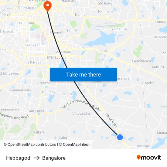 Hebbagodi to Bangalore map